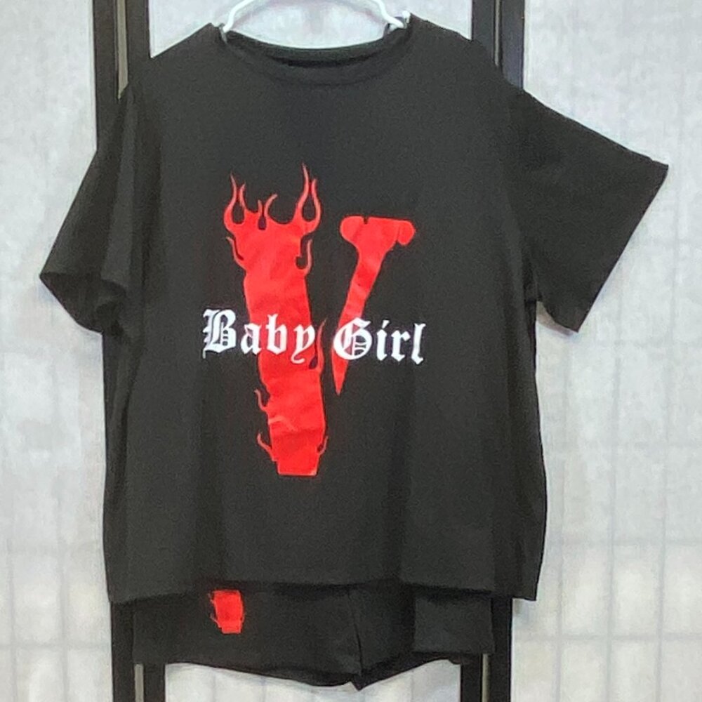 Short Set 2 Pc Shorts & Tee Leisure Baby Girl “V” Flames Red Screen Print 3XL
